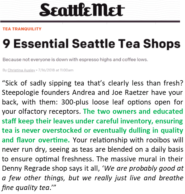 Steepologie named 1 of "9 Essential Seattle Tea Shops" - Steepologie